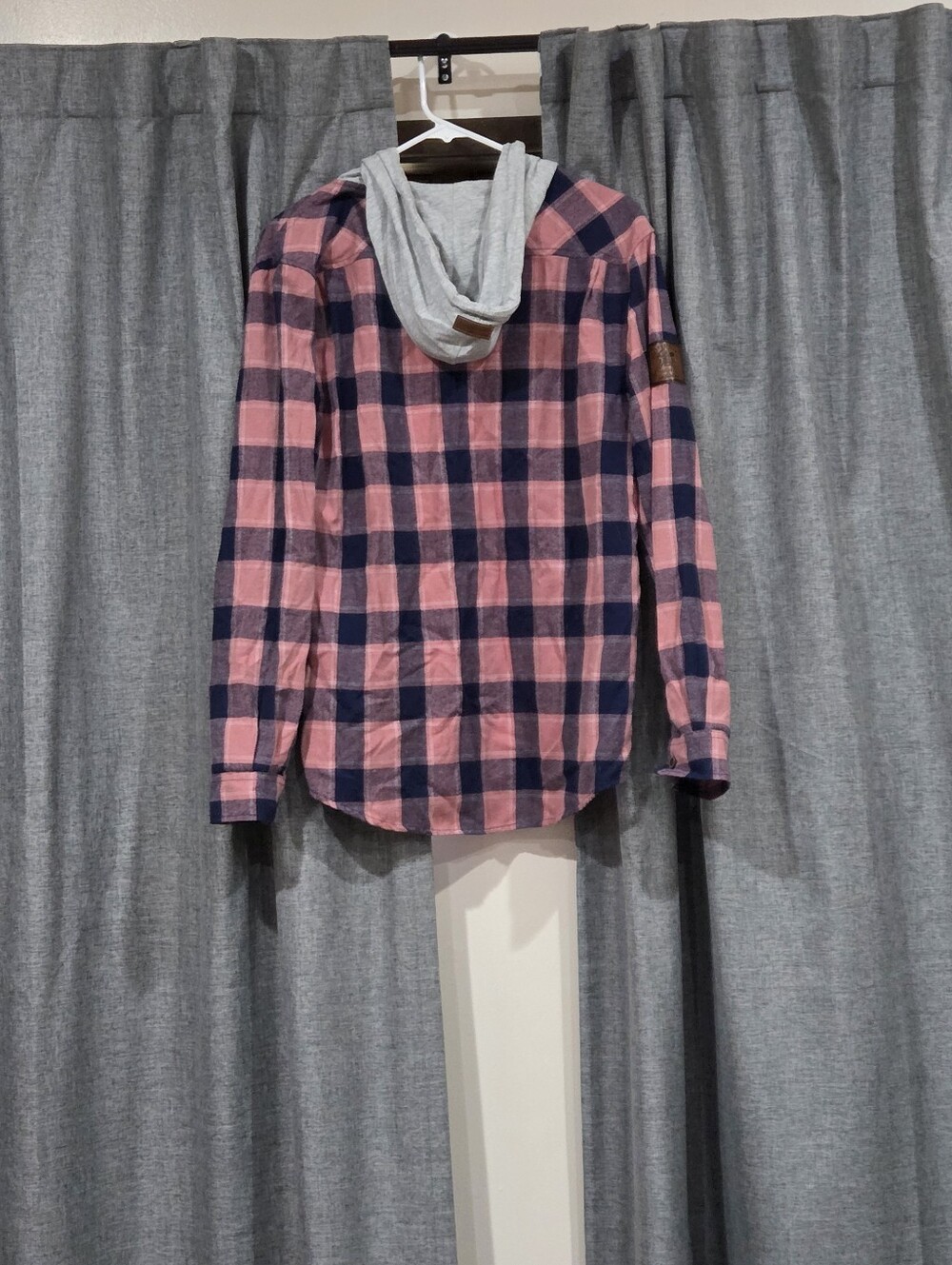 Pink and Navy Plaid Hooded Button-Up Shirt